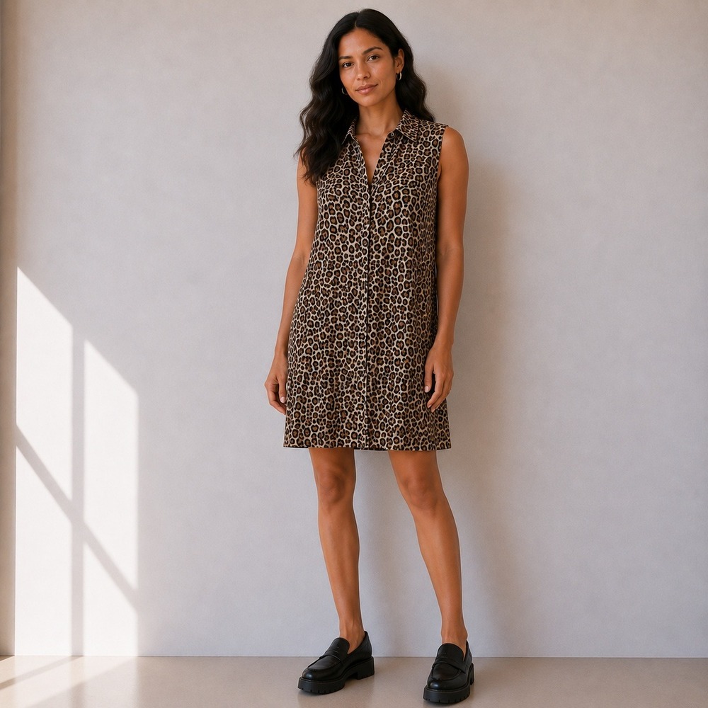 BeachLunchLounge Leopard Animal Print Boho Shirt Dress Viscose | Size L